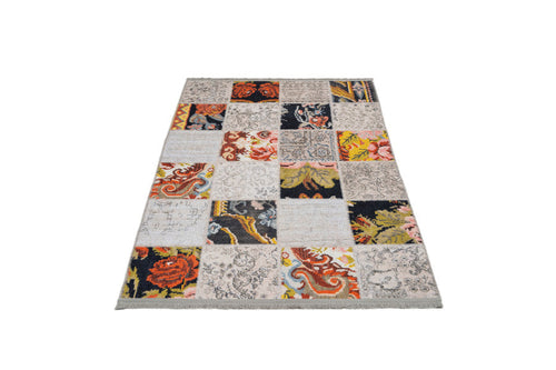 Patchwork Area Rug - White Cotton Chenille Carpet With Digital Print Design