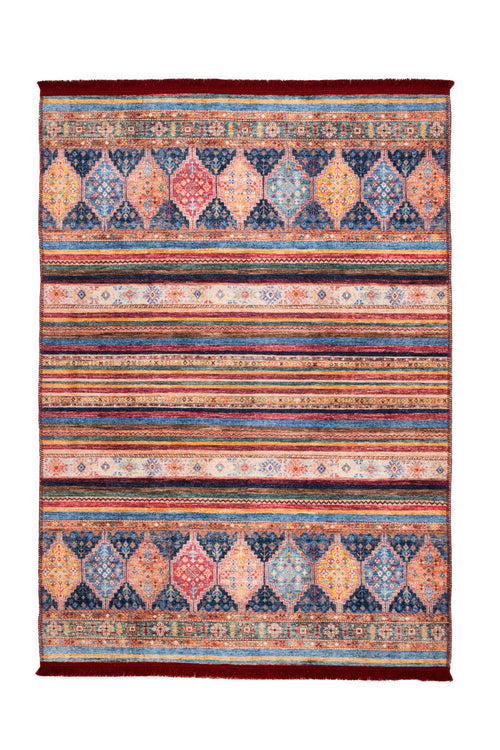 Burgundy Striped Area Rug - Cotton Chenille Digital Print Carpet for Living Room