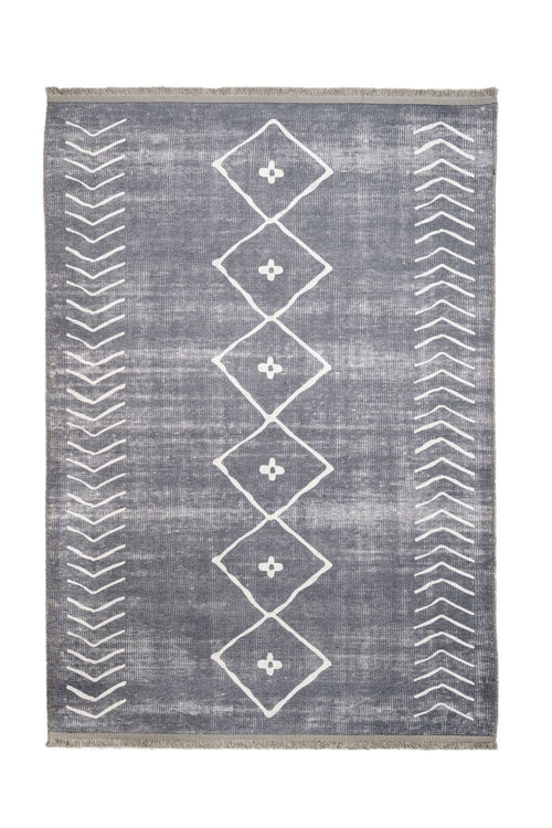 Geometric Area Rug – Grey Cotton Chenille Digital Print Carpet for Living Room