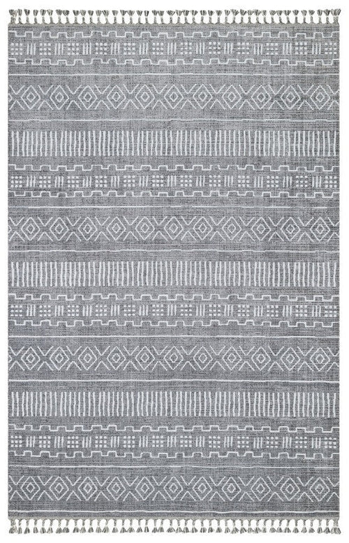 Grey Geometric Area Rug - Machine Made Cotton Yarn Carpet | Non Shedding