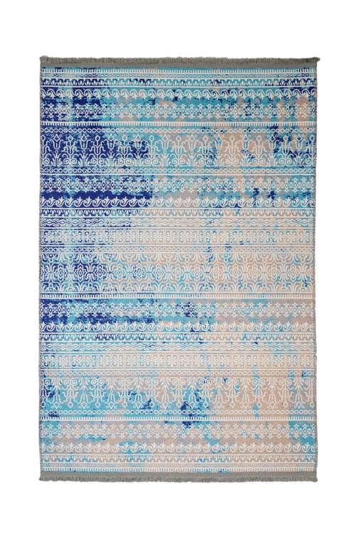 Blue Geometric Area Rug - Cotton Chenille Digital Print Carpet by Pia Monte