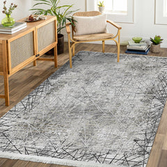 Grey Geometric Area Rug - Machine Made Rug With 7mm Pile Height & Anti Slip