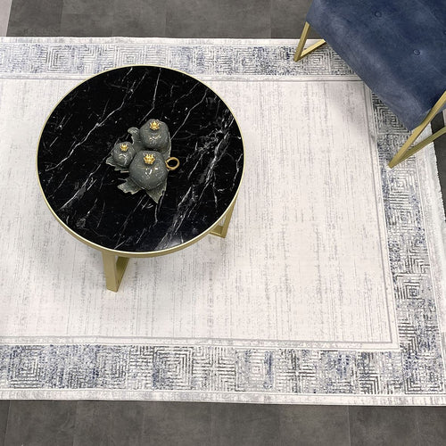 Grey Cotton Area Rug - Machine Made Flatweave Rug With Grey Frame Design