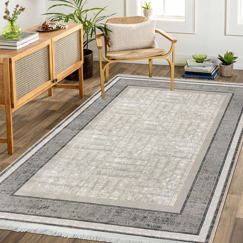 Viscose Area Rug - Machine Made Cream Frame Rug with 7mm Pile & Anti Slip