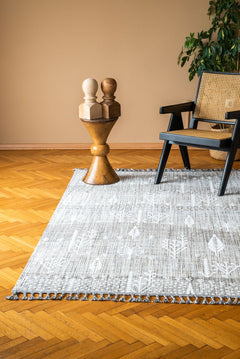 Machine Made Area Rug - Grey Brown Geometric Cotton Yarn Carpet for Living Room