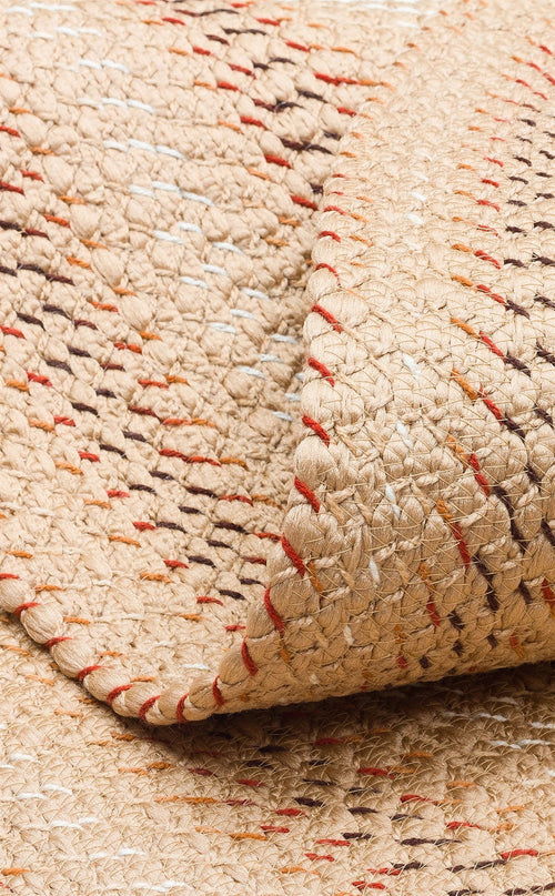 Round Jute Rug – Beige Striped Cotton Carpet | Soft Texture, Dust Free Floor Mat