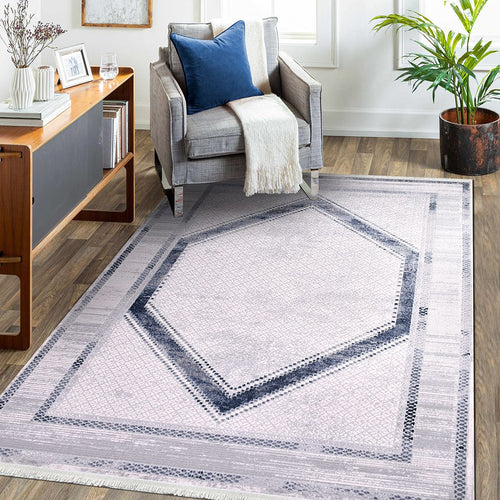 Grey Cotton Area Rug - Machine Made Frame Design Rug | Washable Non Slip Floor Carpet